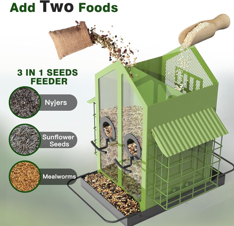FlowaFoli Bird Feeders for Outdoors, Metal Bird Feeder with Double Suet Cage Weatherproof Metal Roof, 2 in 1 Mixed Seeds Suet Feeder, 4Lbs Large Capacity, Great for Finch、Cardinal、Chickadee（Green） - Image 3